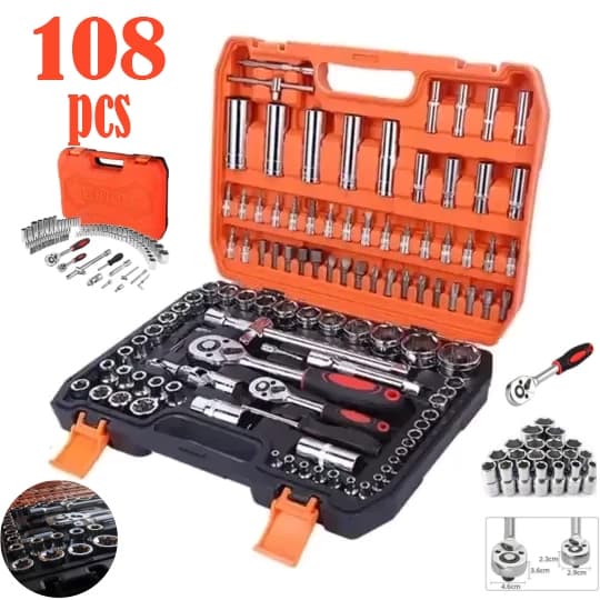 Kit Ferramentas 108 Peças Soquete Sextavado Catraca Chave Maleta Multifuncional Profissional