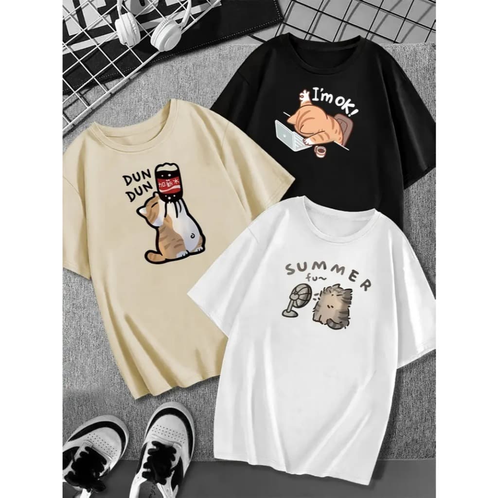 KIT 3 Camiseta Feminina Blusinha Algodão PlusSize Gato Pet Summer Im OK Dom Dom Streetwear Premium