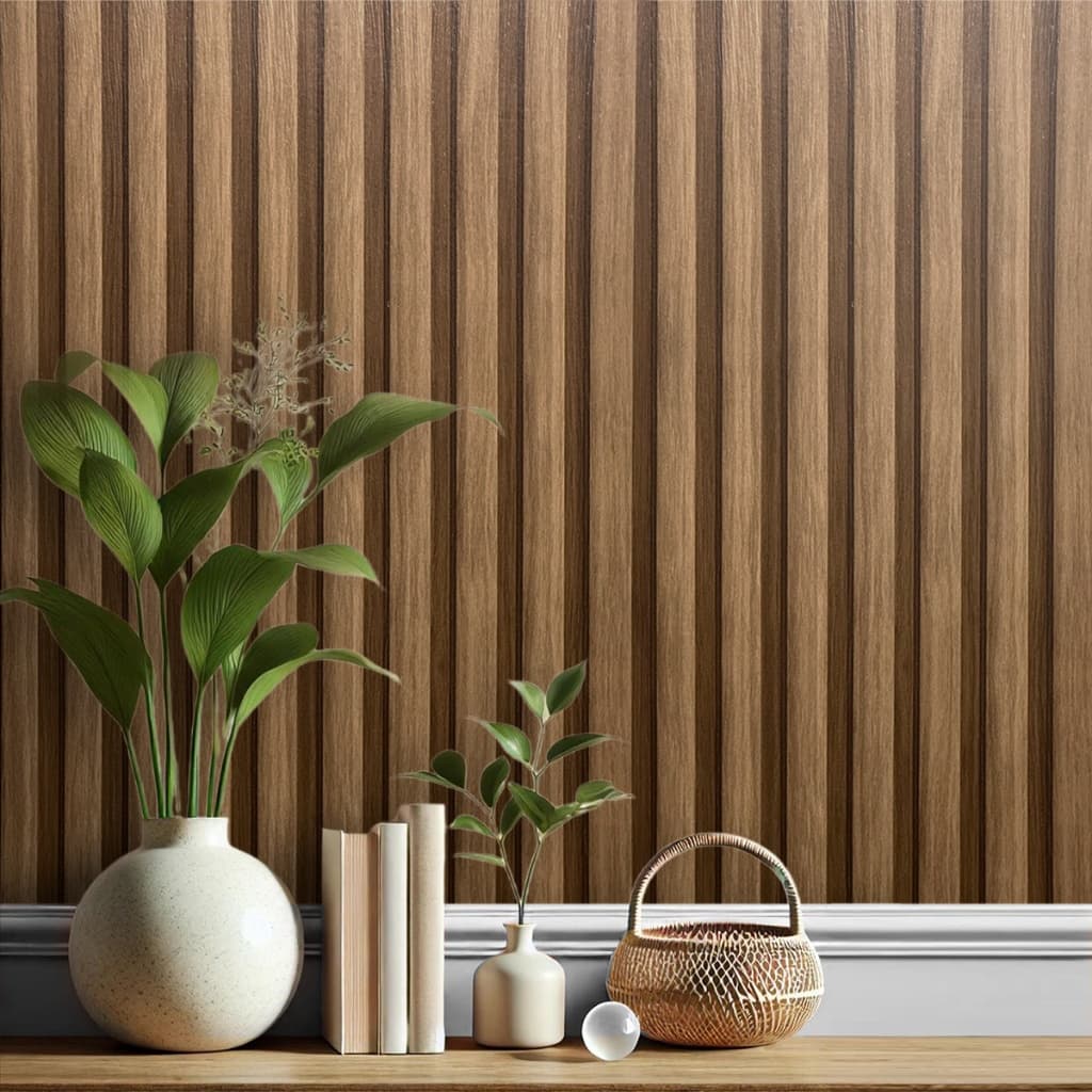 Papel De Parede Adesivo Efeito Madeira Ripado Nogueira Sala Quarto Rolo