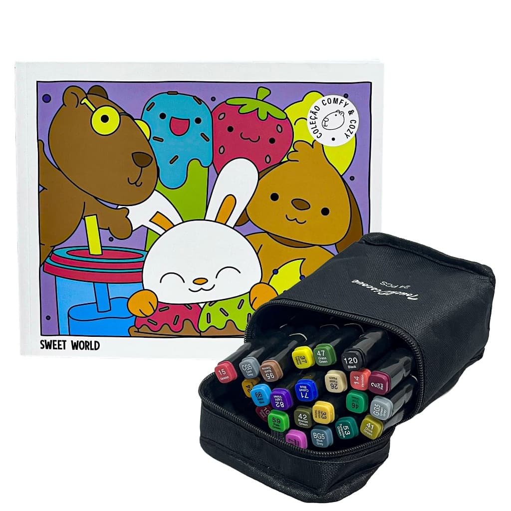 Livro De Colorir Coleção Comfy & Cozy + 24 Marcadores Ponta Dupla