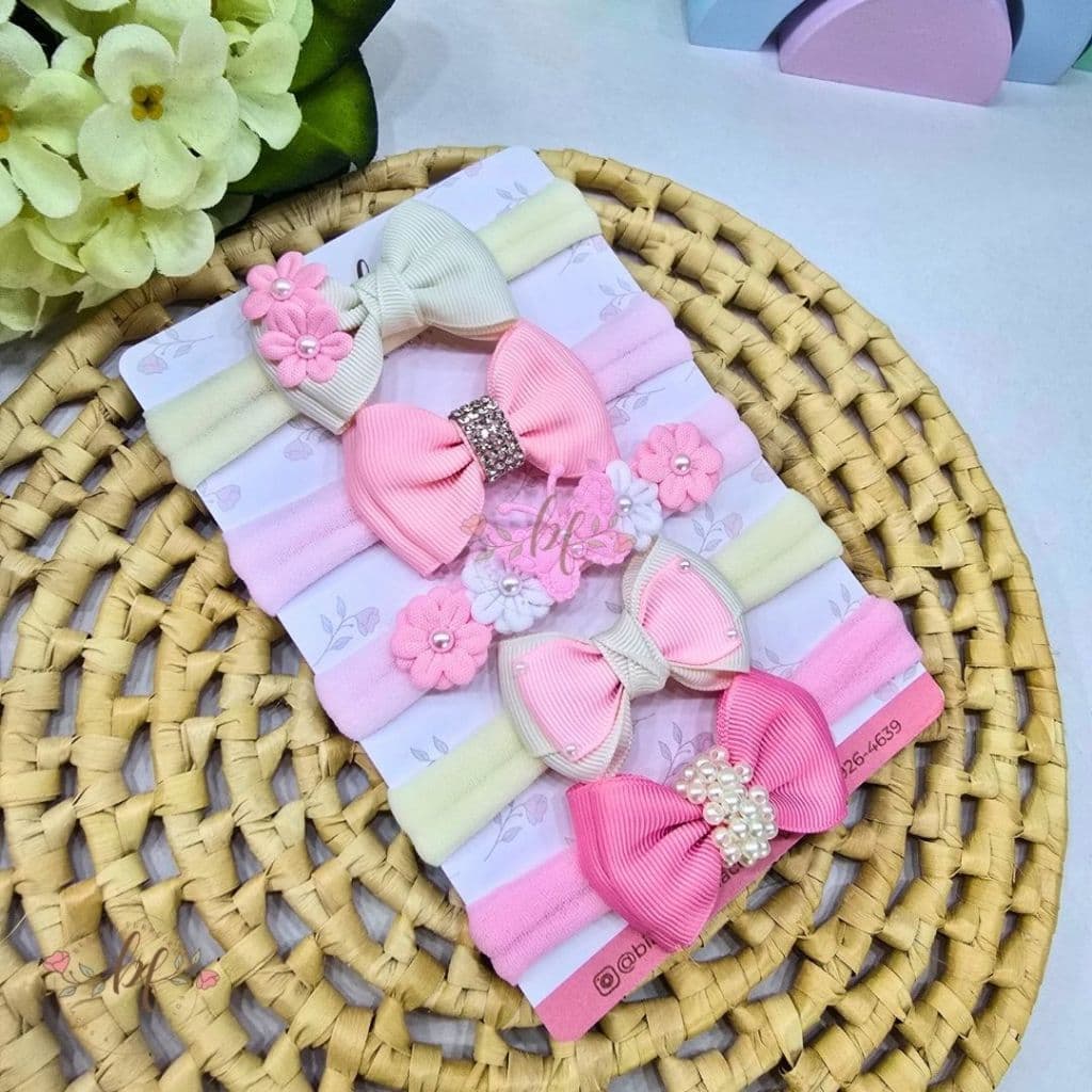Kit 5 Laços Bebê Faixa - Kit Encanto Rosa Faixinha Slim Recém Nascido Lacinhos de Cabelo RN Infantil Menina Meia de Seda