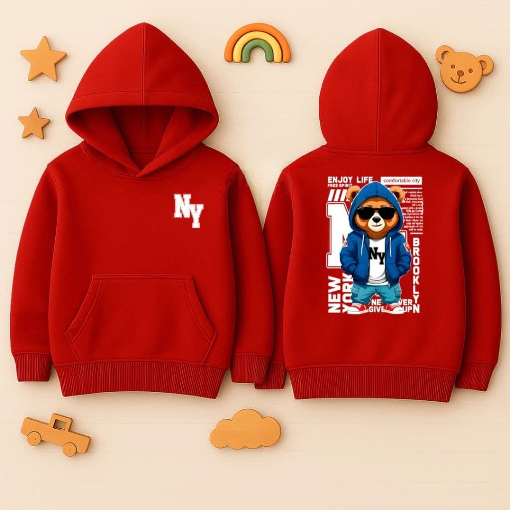 Moletom Infantil Juvenil Flanelado Urso New York Blusa de Frio com Capuz e Bolso Canguru Algodão