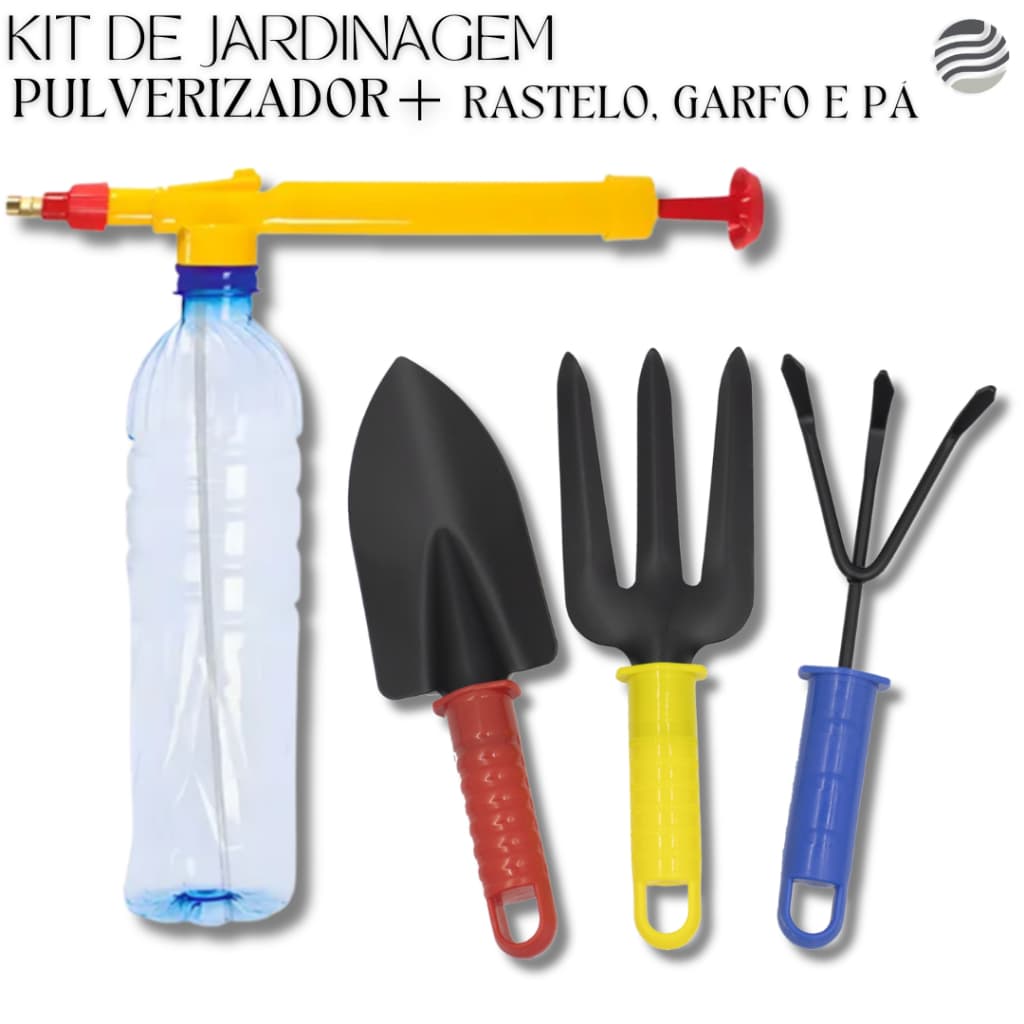 Kit Pulverizador Manual P/Garrafa Pet + Conjunto Com 3 Pçs Rastelo, Pá e Garfo Ferramentas Jardim