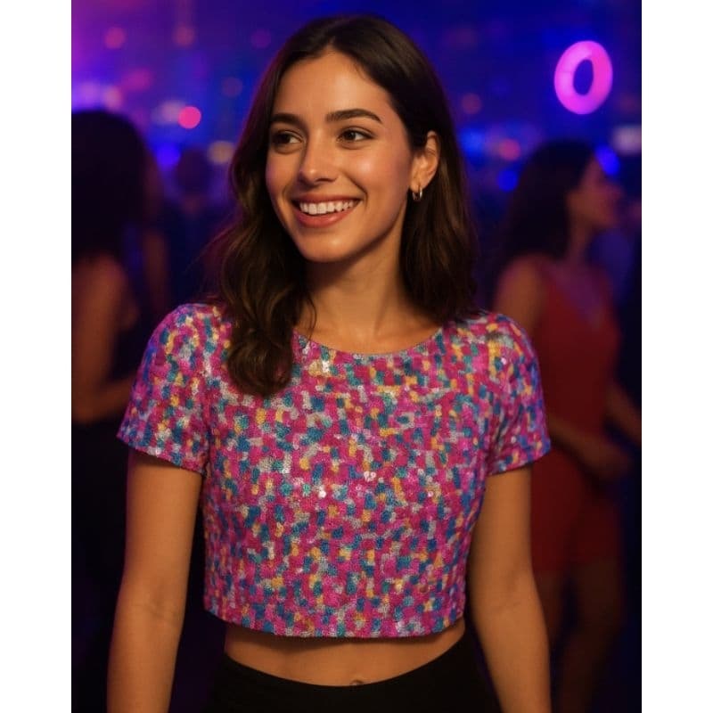 Blusa Top Cropped lantejoulas paetê festa colorido