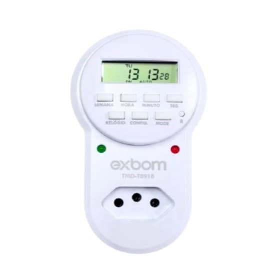 TIMER TEMPORIZADOR DIGITAL LCD PROGRAMÁVEL BIVOLT C/ PLUGUE E TOMADA - EXBOM