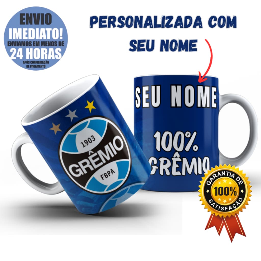 Caneca Xícara Personalizada Grêmio Time de Futebol COM NOME Porcelana ou Polímero Envio 24h