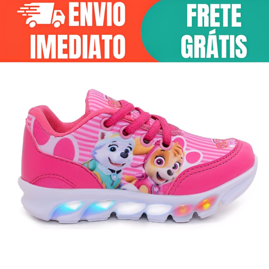 Tenis Infantil Menina Patrulha Canina Led Luzinha Escola Casual Desenho Personagens Promoção