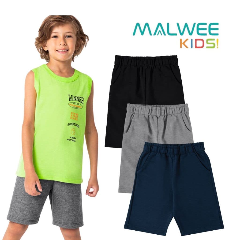 SHORTS MOLETINHO BERMUDA MENINO BOLSOS INFANTIL BÁSICA UNIFORME LISA MALWEE KIDS