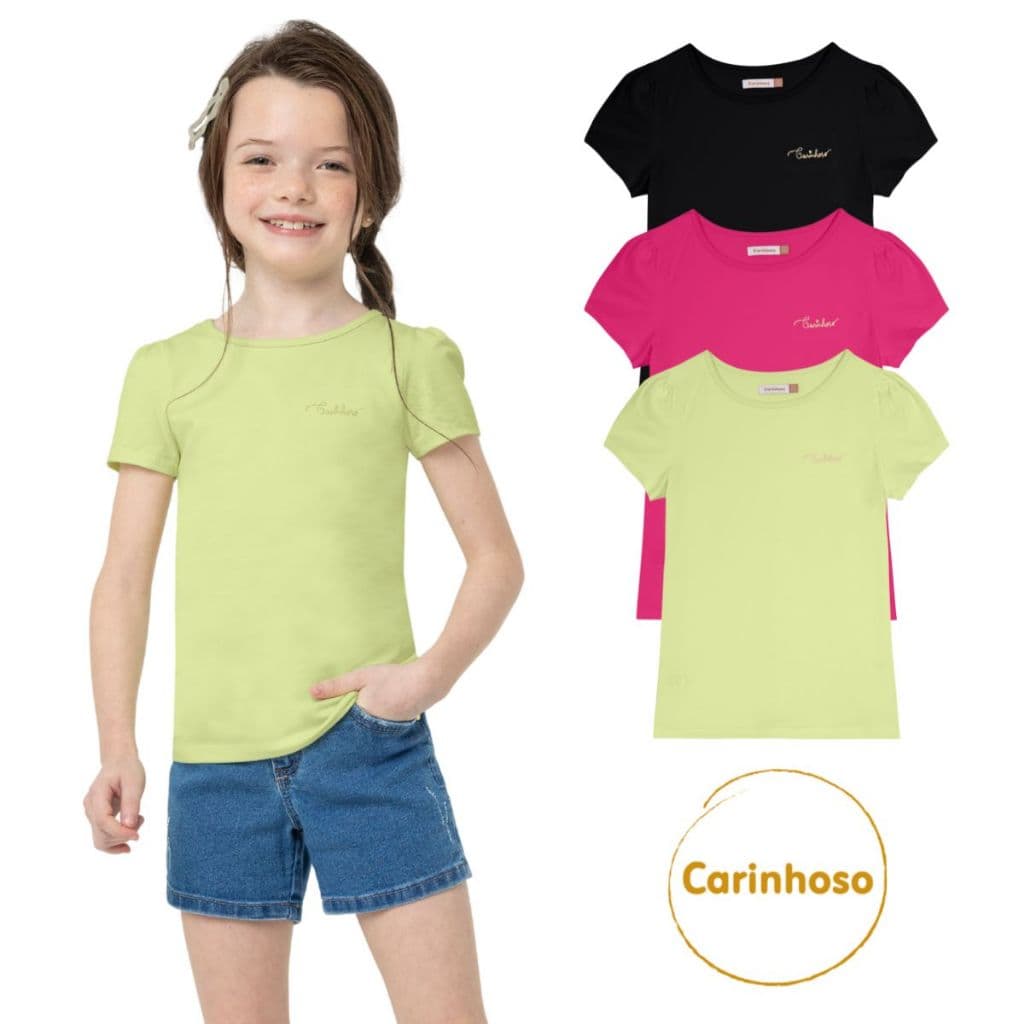 BLUSA JUSTA MENINA BABY LOOK INFANTIL ALGODÃO BORDADO PREMIUM CARINHOSO