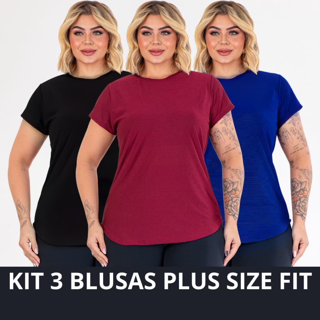 Kit 3 Blusinha Plus Size Fitness Dry Fit Camiseta Treino Respiravel UV Roupa de Academia Feminina