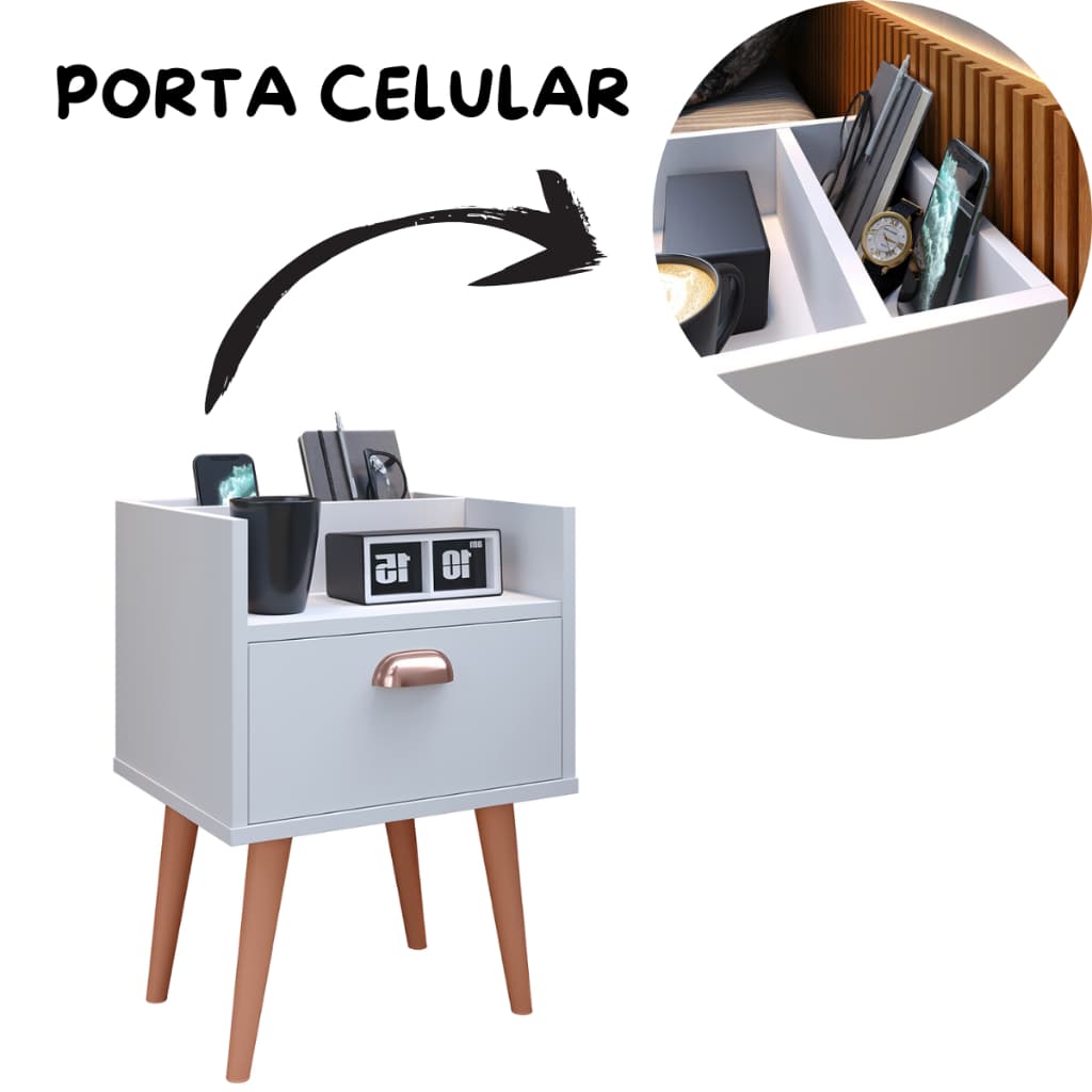 Mesa de Cabeceira com Pés Retrô 1 Gaveta, Prateleira Nicho C/  Porta Controle, Celular Laura