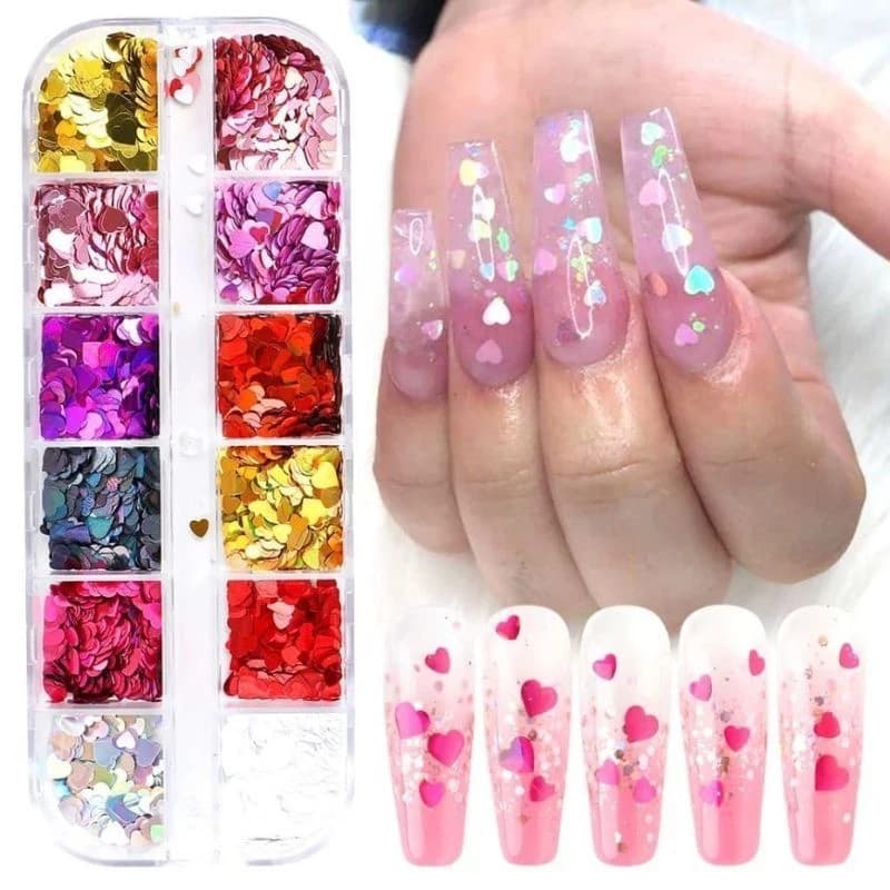 12 Cores e Formatos de Glitter e Lantejoulas para Decoração de Unhas com Estojo - Unha Encapsulada Nail Art