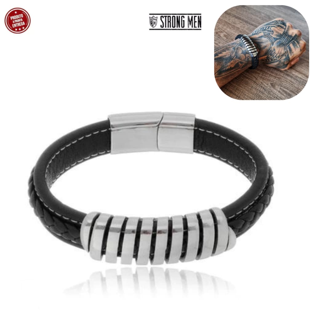 PULSEIRA EM COURO PRETO COM FECHO IMÃ EM AÇO ROBUSTO MASCULINO