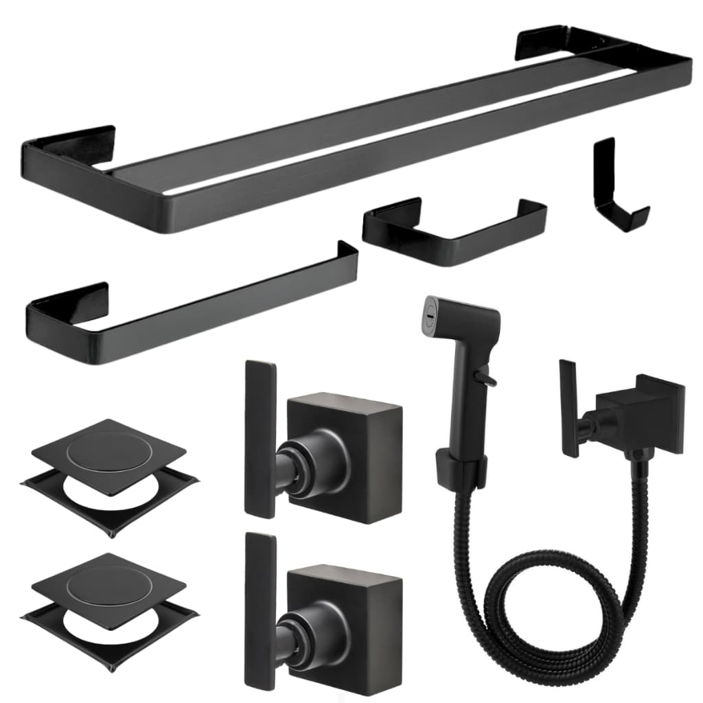 Kit Acessórios Banheiro Preto Fosco + Ducha Higiênica + 2 Acabamento Deca + 2 Ralo C/ Porta Ralo