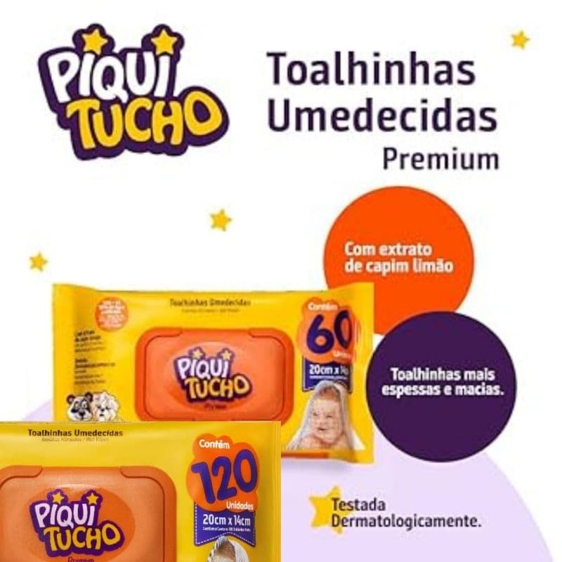 Lenço Umedecido Piquitucho com 60 ou 120 Toalhas em cada embalagem 20cm x 14cm