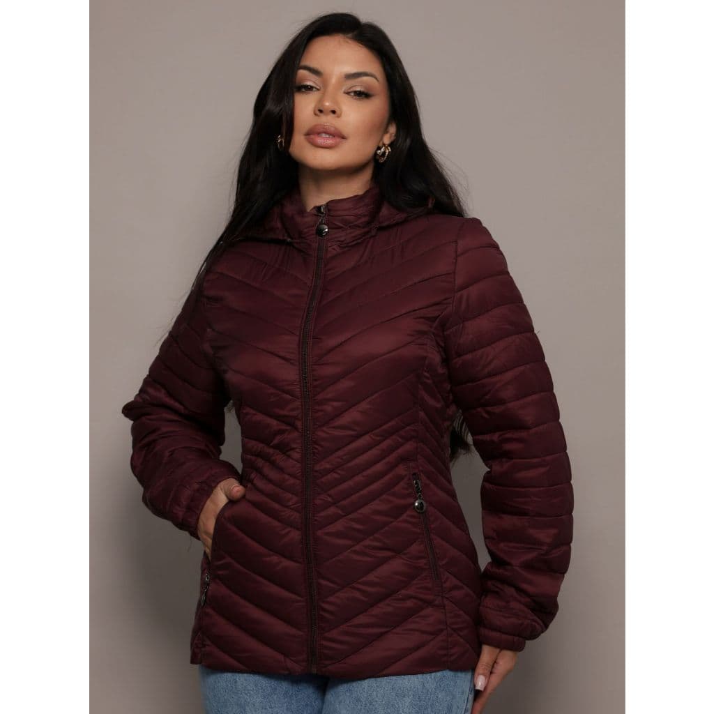 Jaqueta Feminina Puffer Com Capuz E Bolsos De Zíper Básica