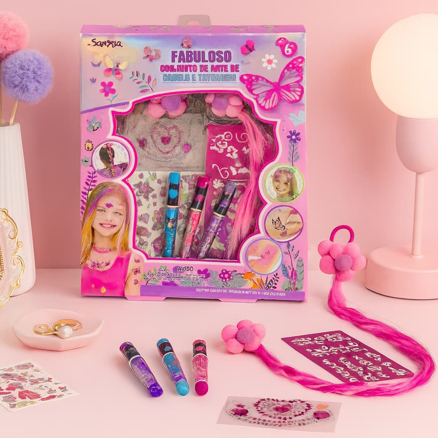 Kit Maquiagem e Tatuagem Infantil Laços Canetas Glitter Cabelo Rosa Adesivo Brilho Meninas Crianças