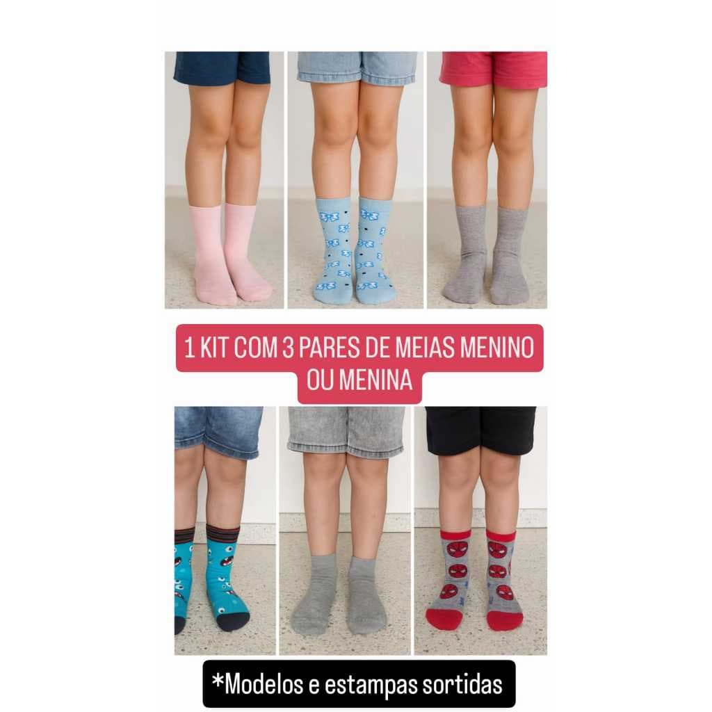 Kit de 3 pares de meias infantis meninos ou meninas estampas sortidas com cano curto e medio sortido do 26 ao 29