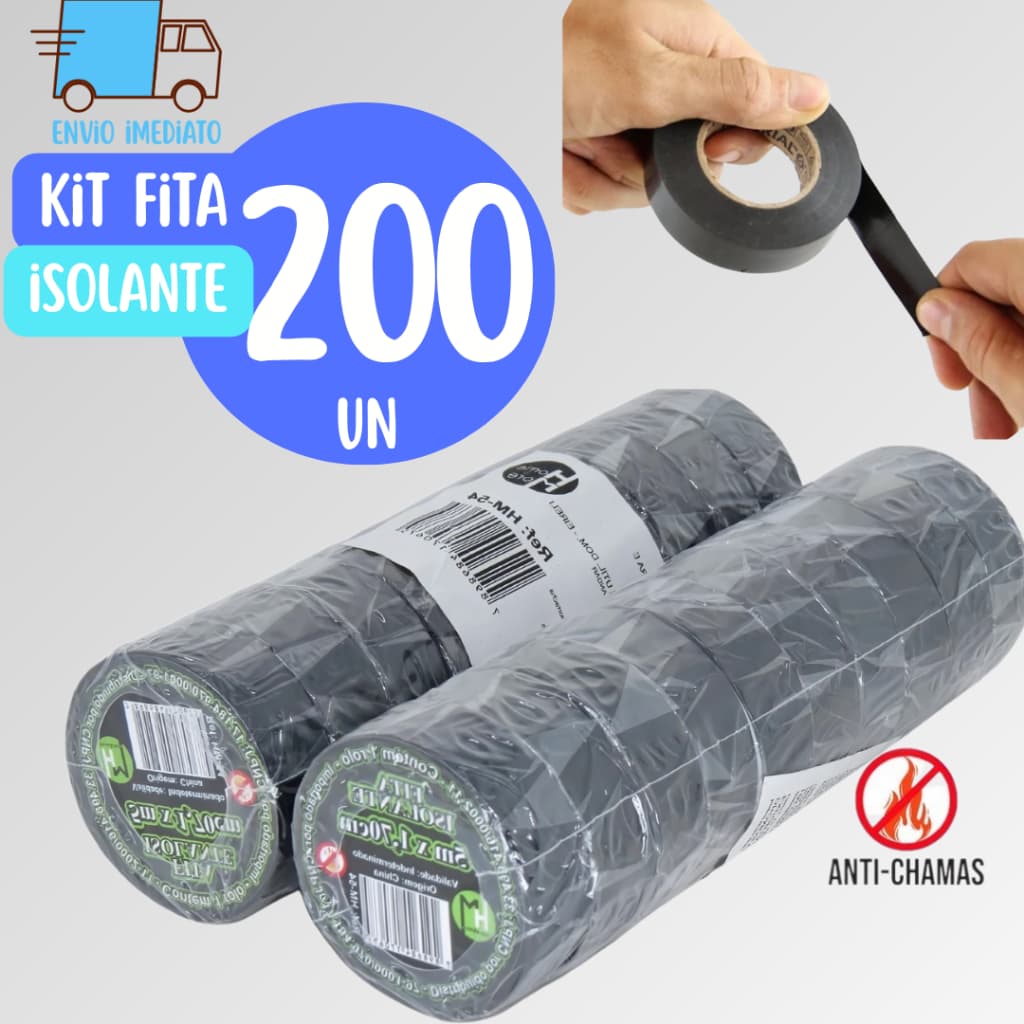 Kit 200 Fitas isolante Antichama Preta para Eletricista uso Geral Domestico e Industrial 5 metros