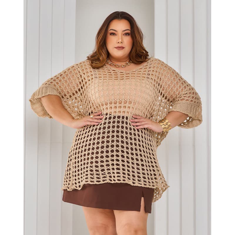 Blusa Ampla Plus Saida de Praia Verão Manga Morcego Tricot Sobreposição Rendada Ponto Estilo Crochê