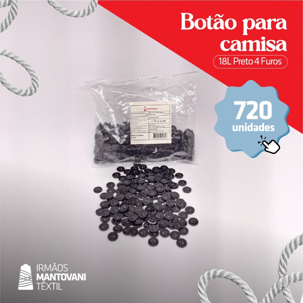Botão para Camisa 18L Preto – 4 Furos | Pacote 720un (5 Grossas)