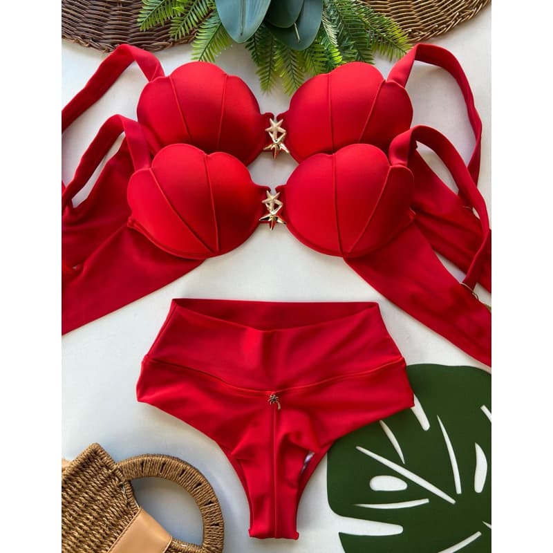 Biquíni feminino Top concha sereia com bojo, calcinha hot pant cintura alta e fio dental duplo