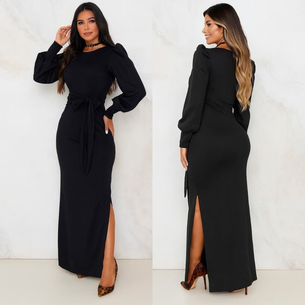 Vestido longo manga Longa inverno  princesa bufante cinto fixo chic casamento  canelado premium ISA ML