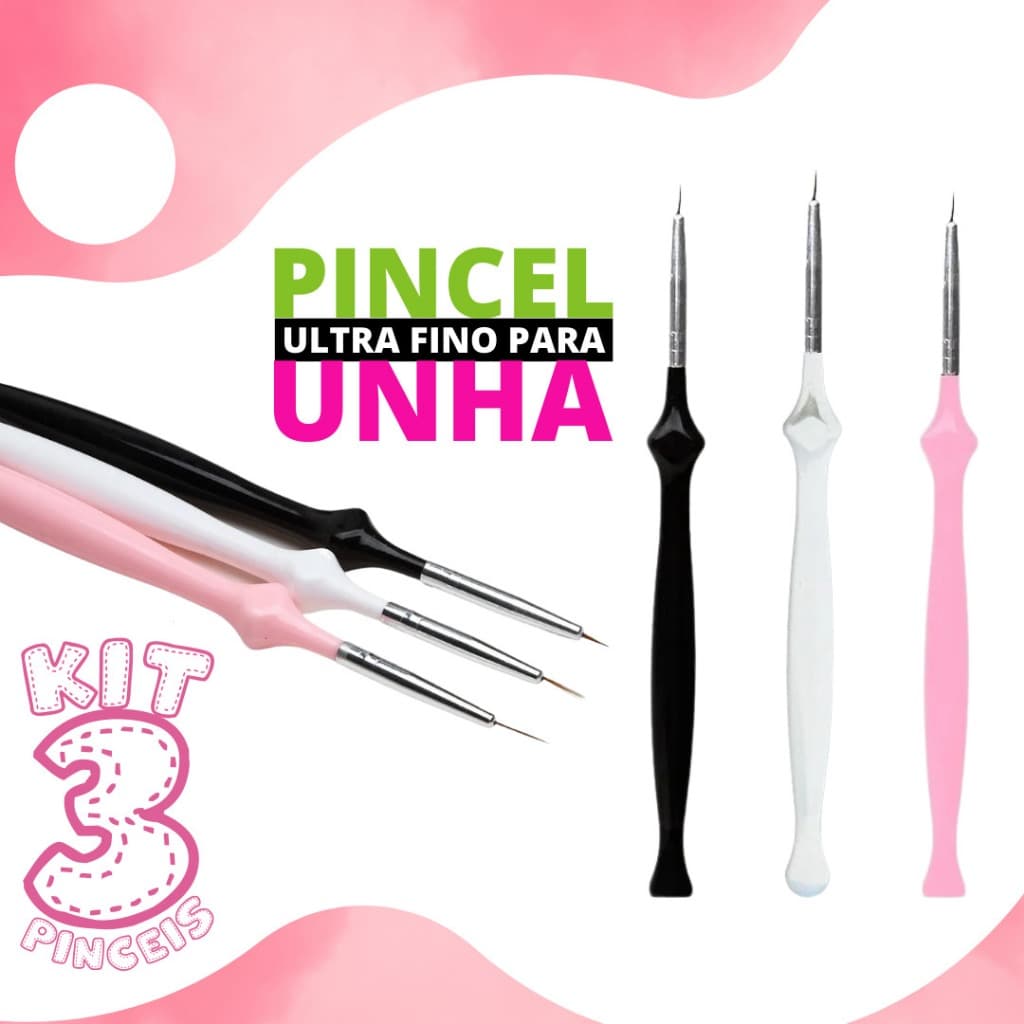 Kit Pincel Fino Nail Art 3 Peças Para Unhas Profissional Pintura e Desenho Detalhado - BNVT 08