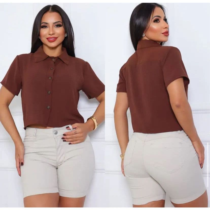 Camisa Cropped  Feminina Manga Curta Tecido Sensorial Camisa Social Feminina Moderna Casual Cropped Botões Tendência