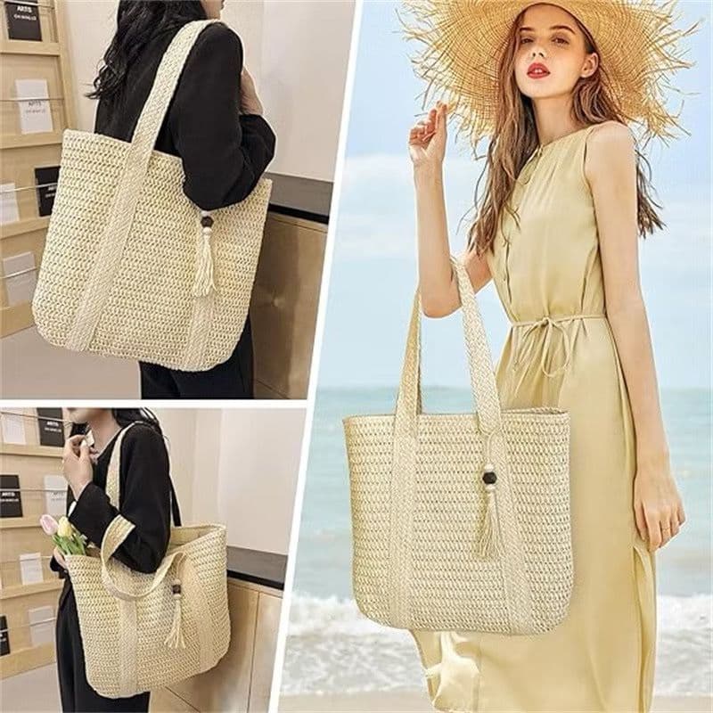 Saco Grande de Ombro Com Ziper Pra Viagem Praia Bolsa De Palha Feminina Sacola de Compra Grande Capacidade Casuais De Ve