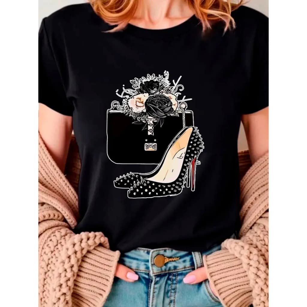 Camiseta Feminina Com Estampa De Salto Alto Primavera/verão