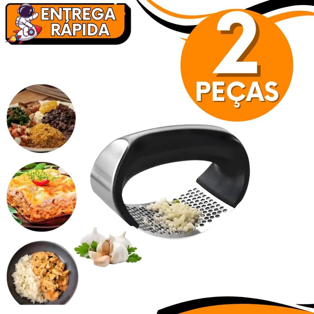 KIT 2 Triturador Amassador  Alho 11 cm Batata Legumes Aço Inox Triturador Manual Prático Multiuso Universal Cabo Preto