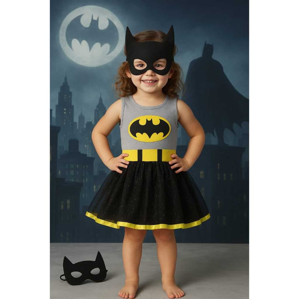 Fantasia Vestido Infantil com Máscara e capa BATGIRL - Tam 2 ao 8