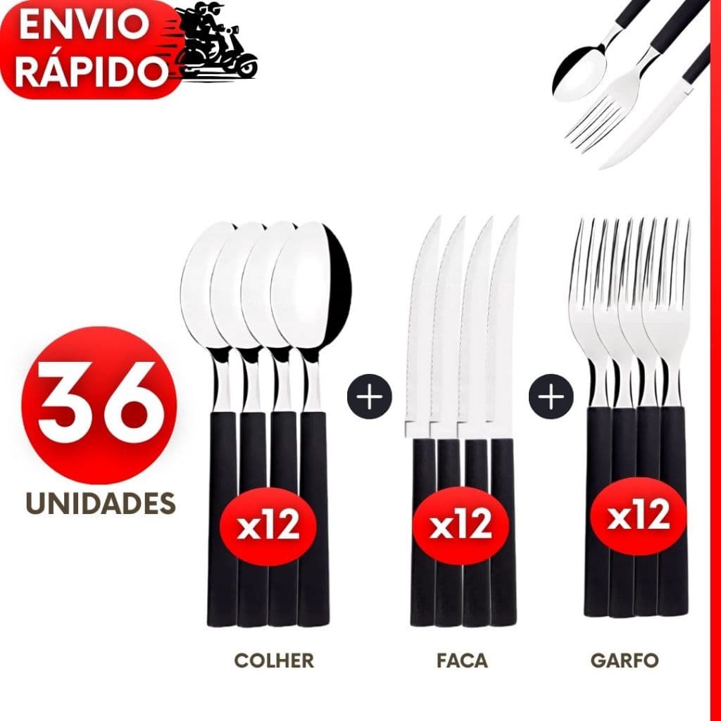 Kit de Talheres 9, 12, 18 e 36 Garfos Colheres Facas de Inox Cabo Preto para Churrasco Jantar Restaurante