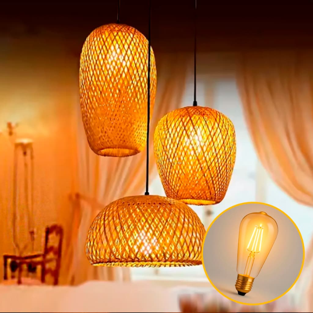 Kit Lustre Pendente Luminária Teto Bambu Lâmpada Filamento