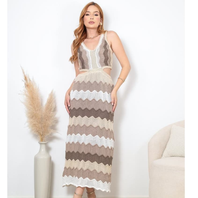 Vestido Feminino Tricô Modal Listrado Premium Com Forro Rendado Aberto Cintura Ponto Crochê