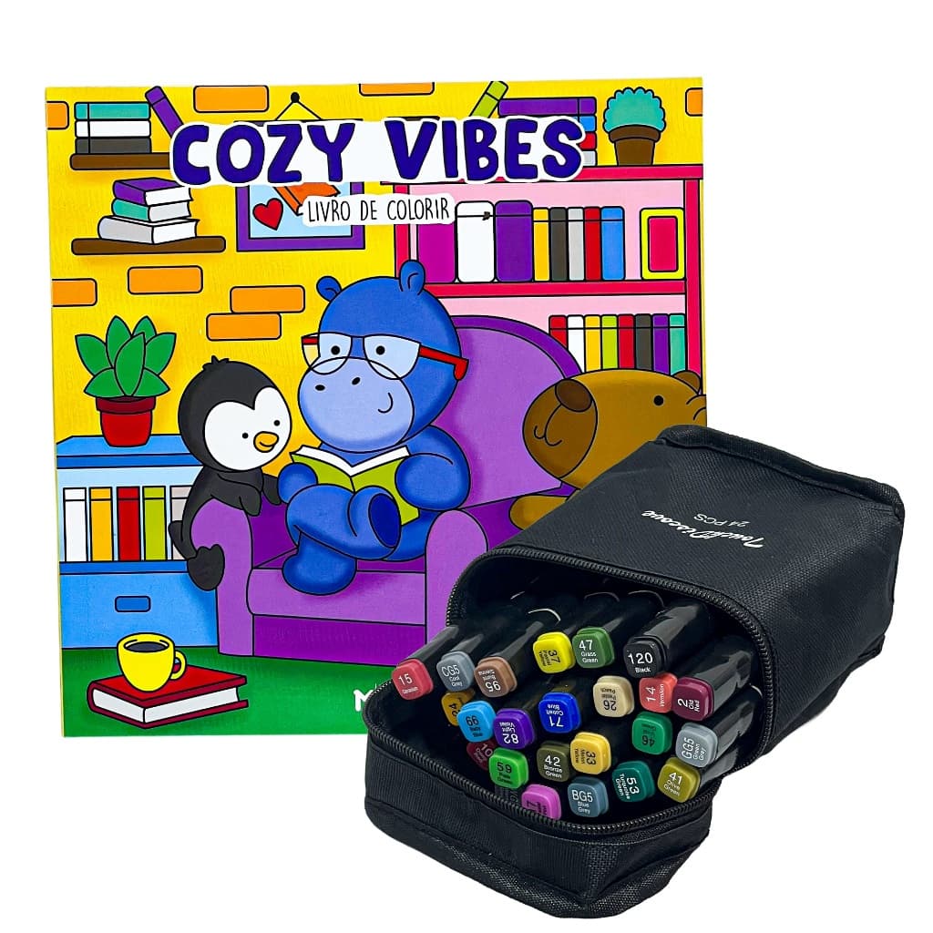 Livro De Colorir Comfy & Cozy Grande + 24 Marcadores Ponta Dupla