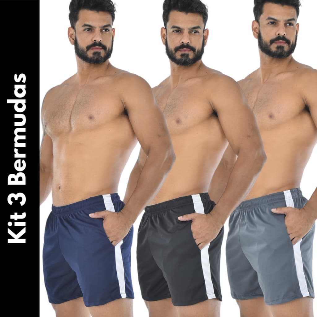 KIT 3 Bermuda Masculina Fit Cores para Atividade Física e Academia