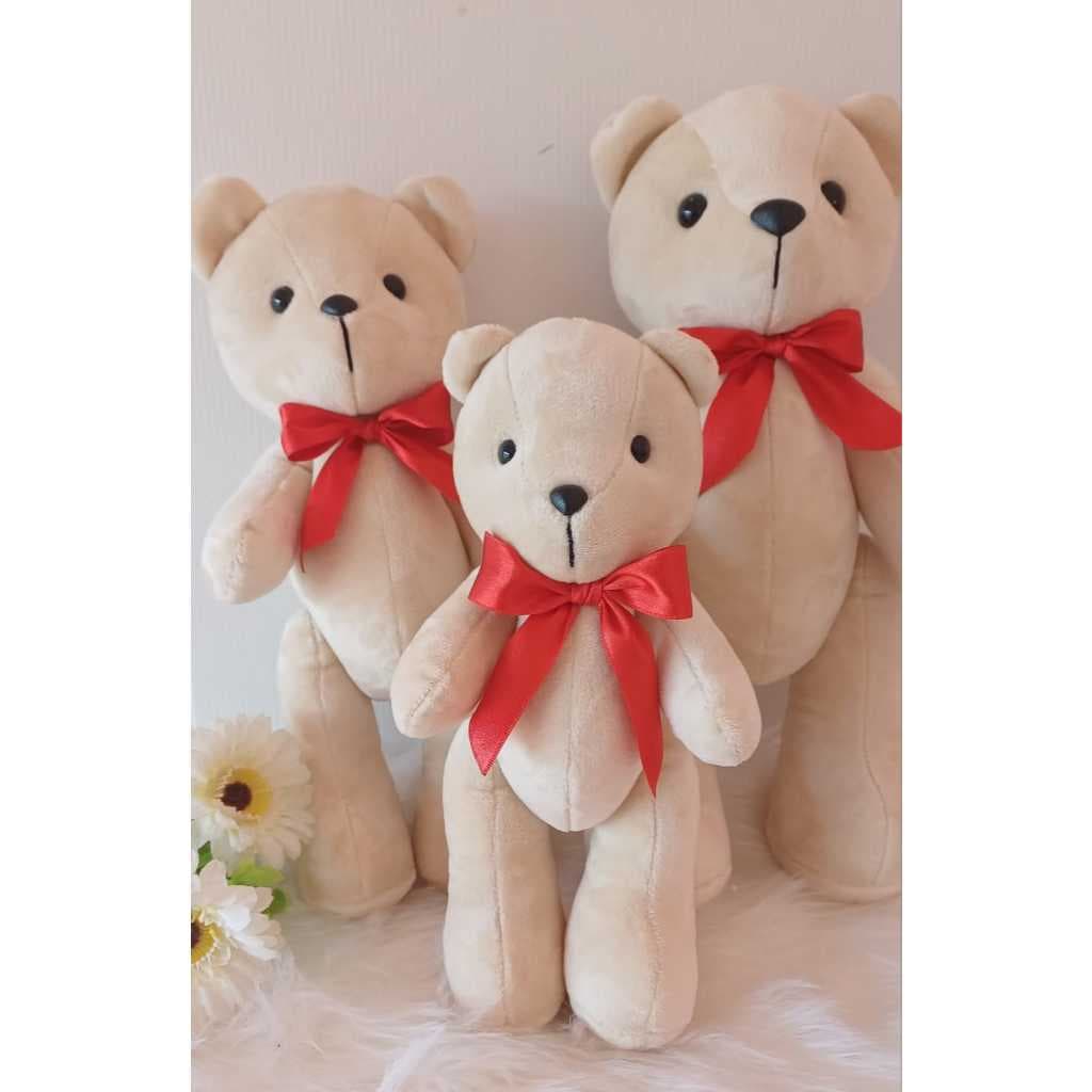 Urso de Pelúcia Clássico Articulado (CREME) 20cm/24cm/28cm- Com Laço de Cetim (UNIDADE)