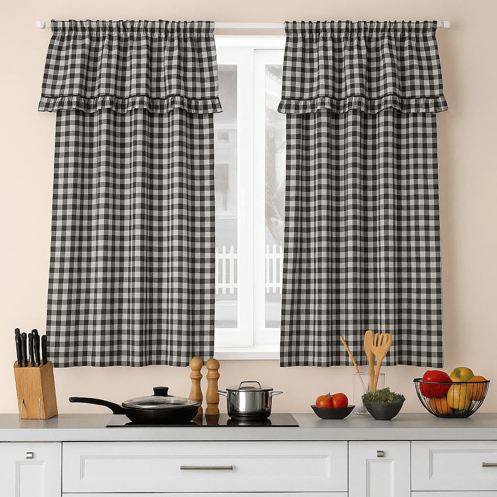 Cortina de Cozinha Xadrez de Algodão com Bandô Decorativa