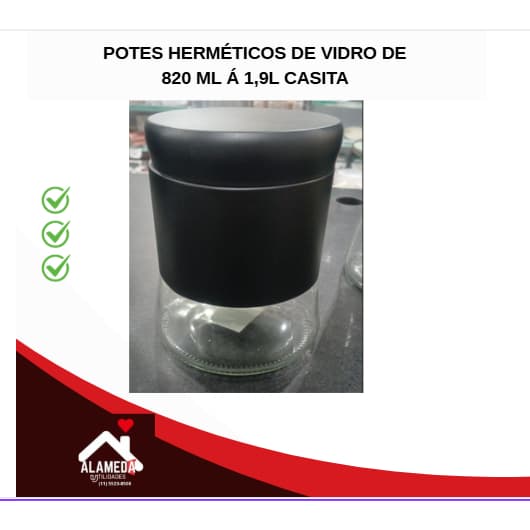 Pote de Vidro Hermético Casita com Tampa Preta – Porta Mantimentos- INDIVIDUAL (820ml a 1,9L)