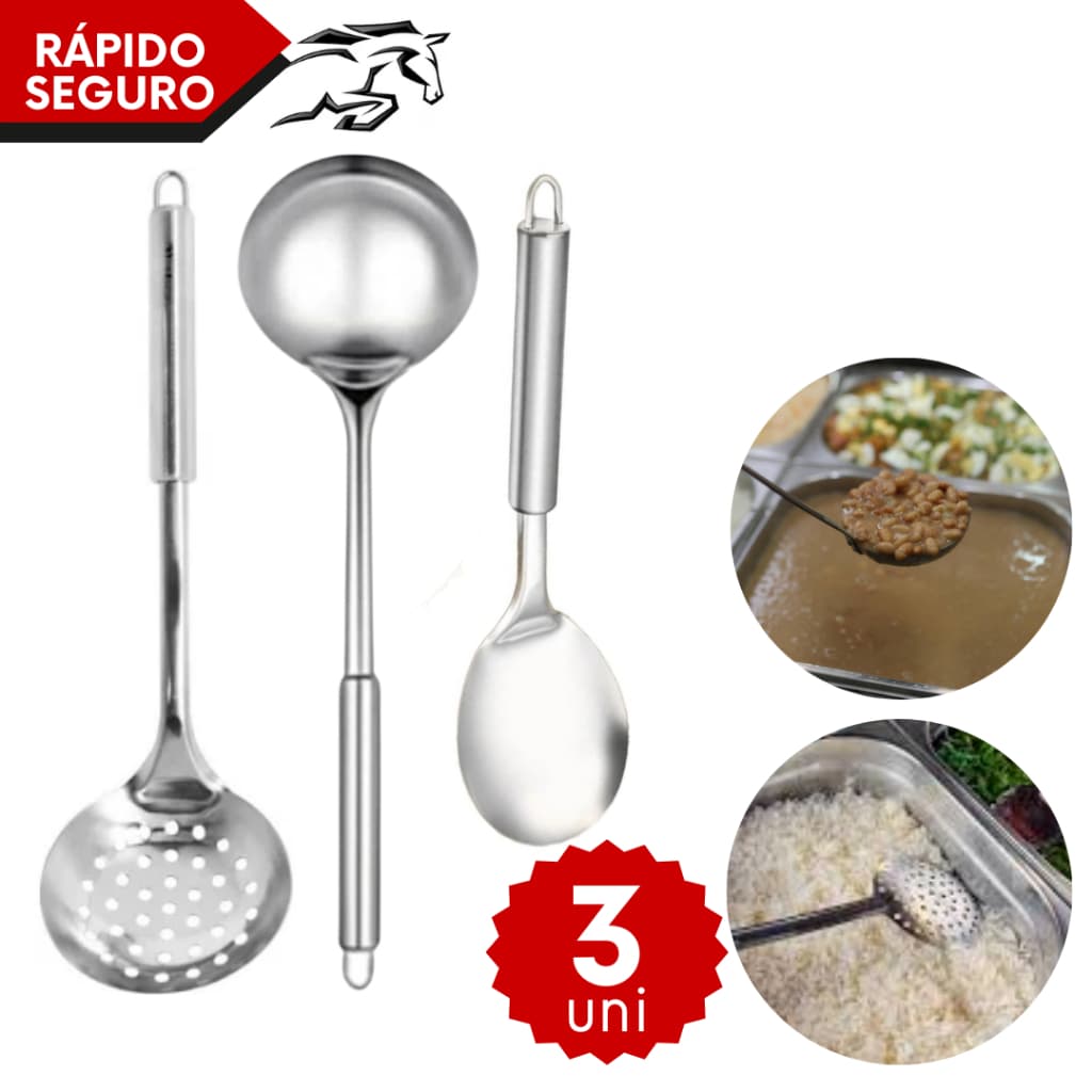 Jogo 3 Peças Utensílios Inox Concha Escumadeira Colher Arroz