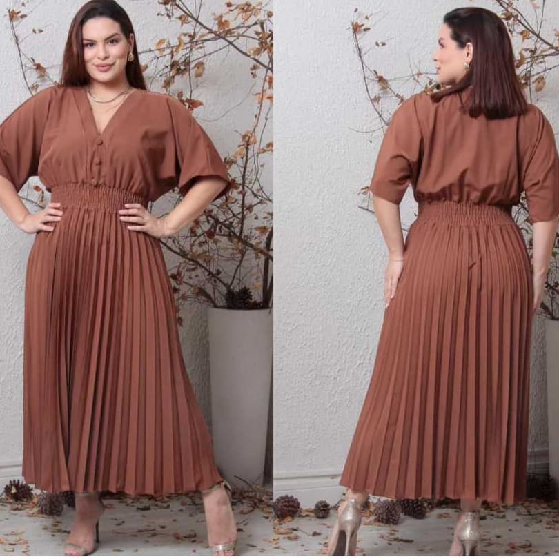 Vestido Plus Size Midi plissado Feminino com Botao,GolaV, Elastex nas Costas Manga Curto