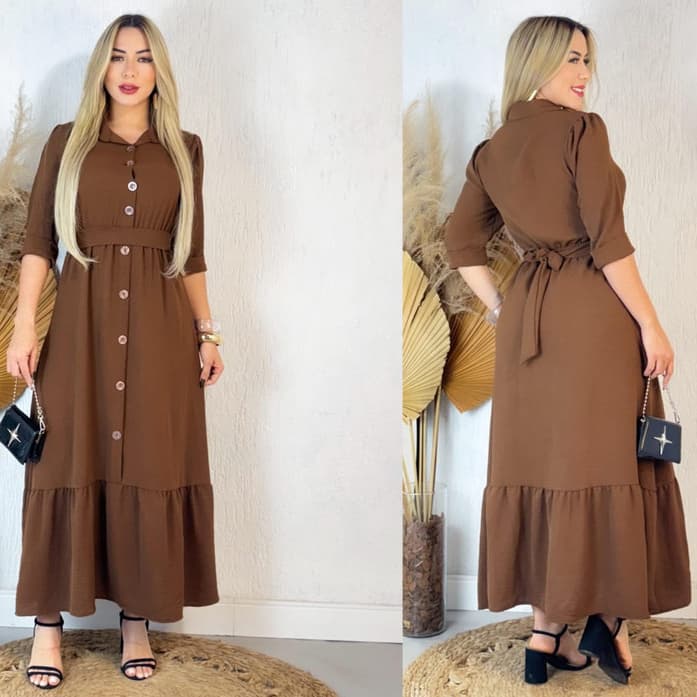 Vestido Longo liso Chemise Com  Manga 3/4 Tecido em Duna com Botões Frontais
