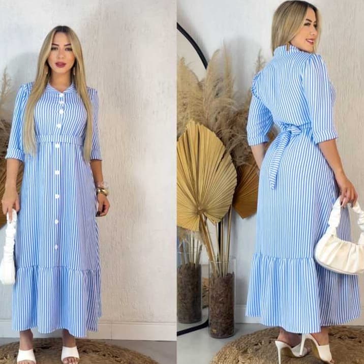 Vestido  lomgo listrado  evangelico  Manga 3/4 tecido duna com Botões Frontais