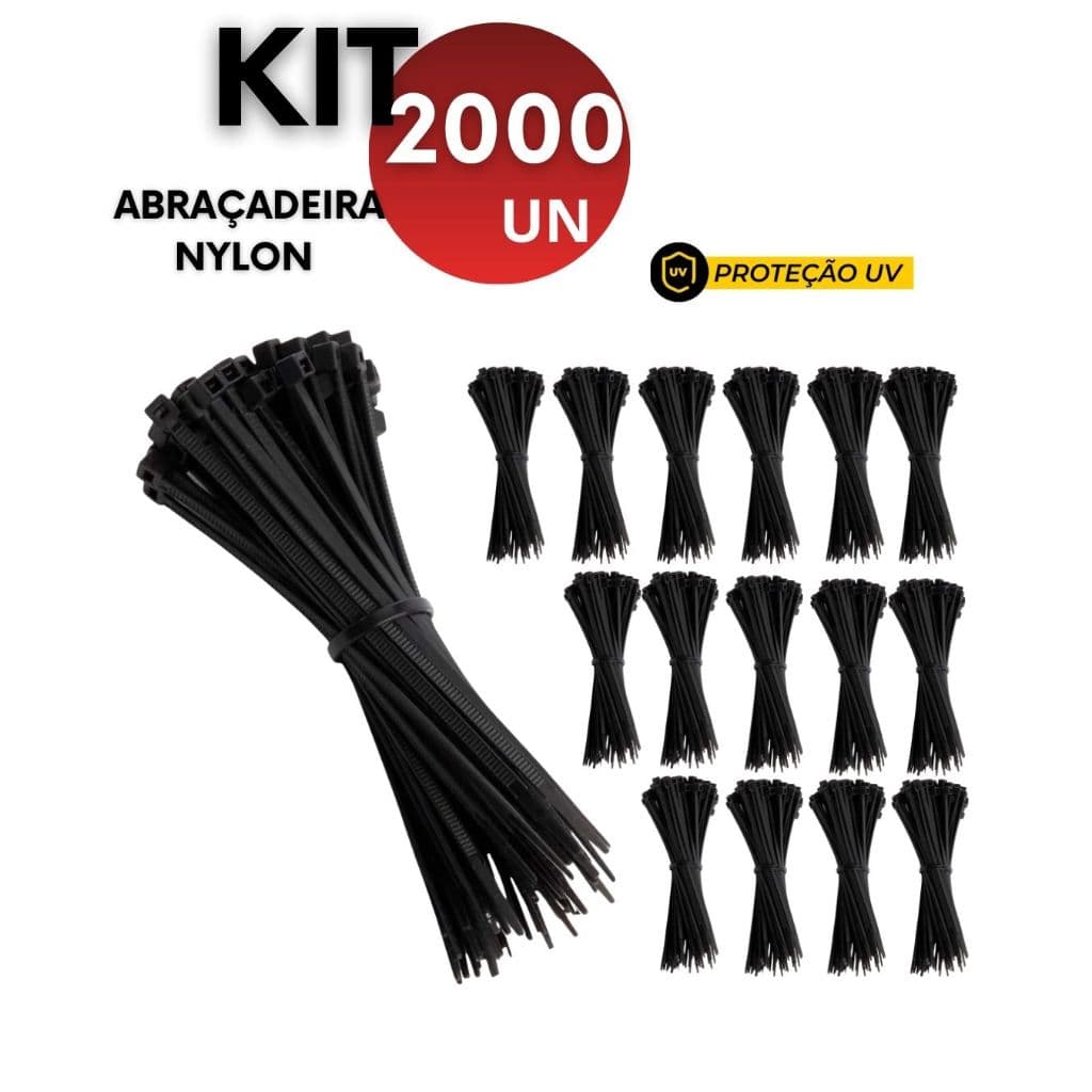 Kit 2.000 1.000 500 Abraçadeiras de Nylon Preta com Proteção UV 3.6mm x 250mm e 3,5mm x200mm Enforca Gato