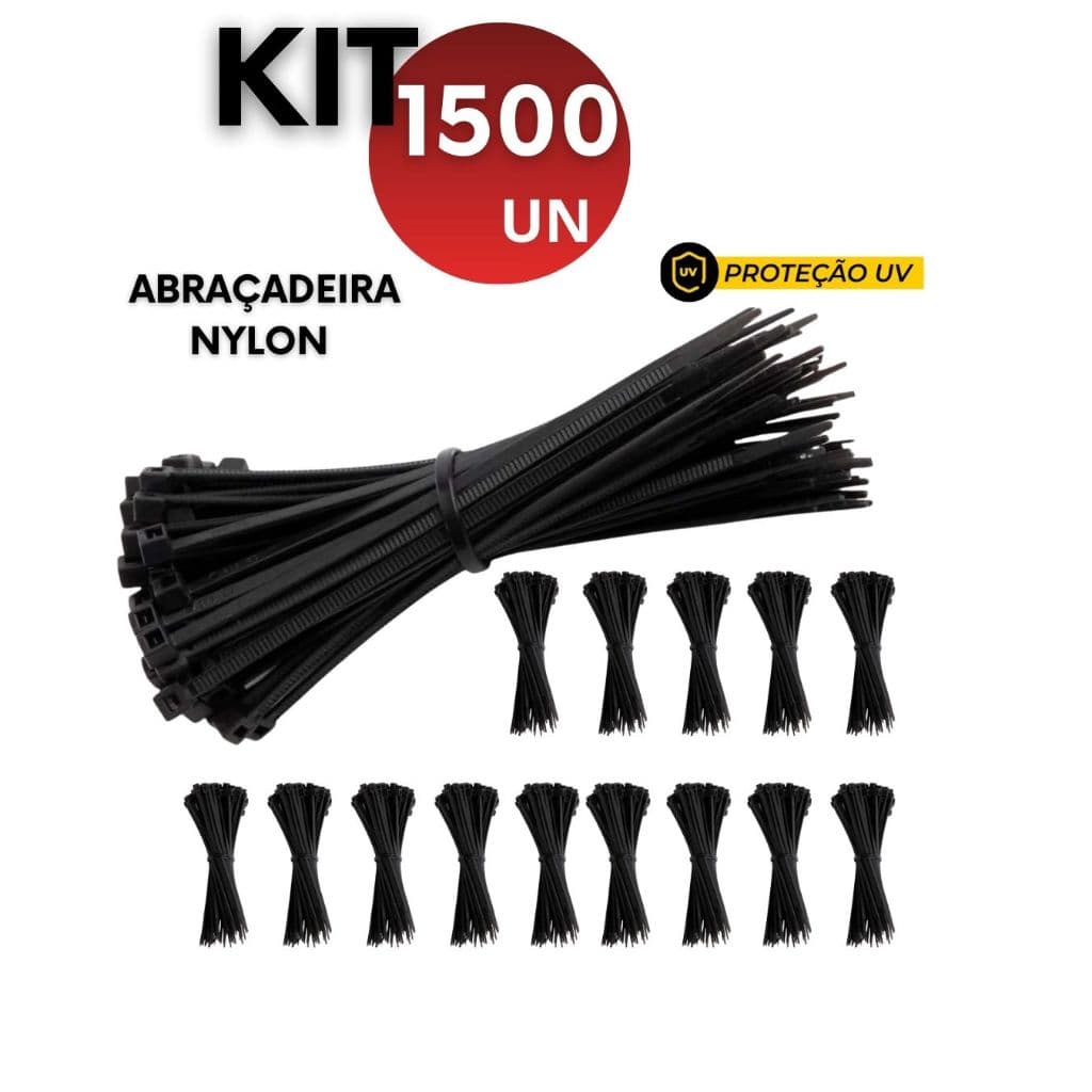 Kit 1.500 800 500 Abraçadeiras de Nylon Preta com Proteção UV 3.6mm x 250mm e 3,5mm x200mm Enforca Gato