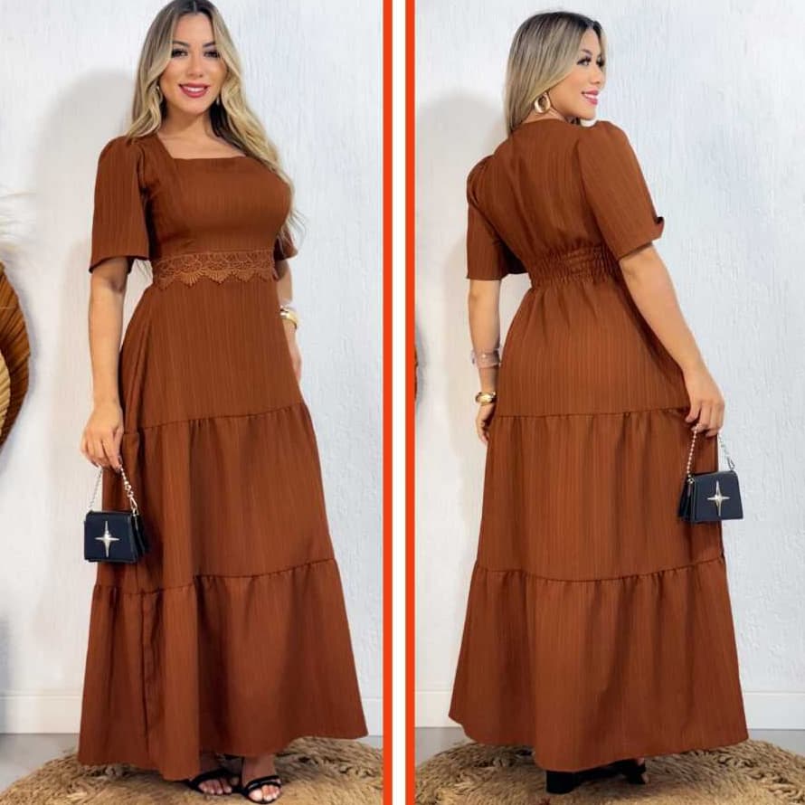 Vestido Longo1 feminino Duna Onda manga princesa, com renda na cintura e elastex nas costas