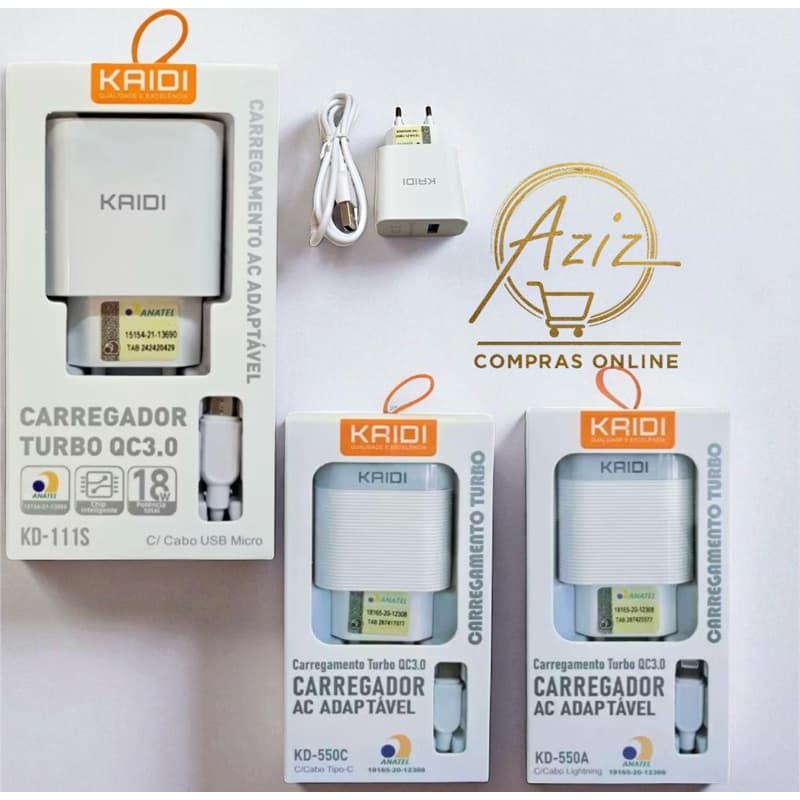 Carregador Turbo Rápido QC3.0 Kaidi – Modelo KD-550 (Micro USB / Lightning / Type-C)