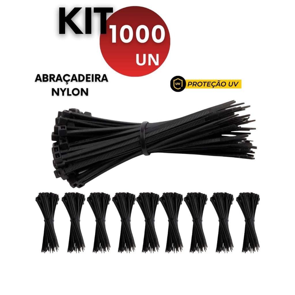 Kit 1.000/500/300 Abraçadeiras de Nylon Preta com Proteção UV 3.6mm x 250mm e 3,5mm x200mm Enforca Gato